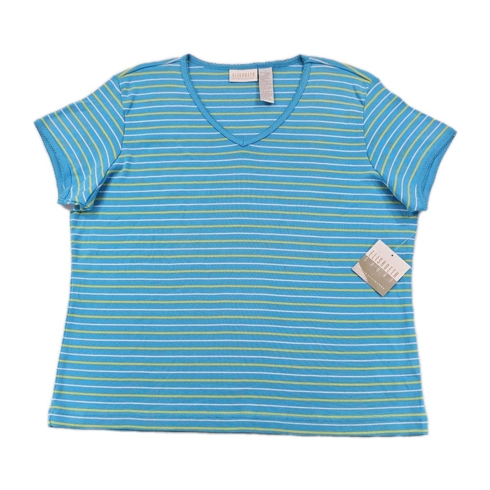 Liz Claiborne Women's Elisabeth Top Blue Green Striped Shirt V Neck Crochet Trim